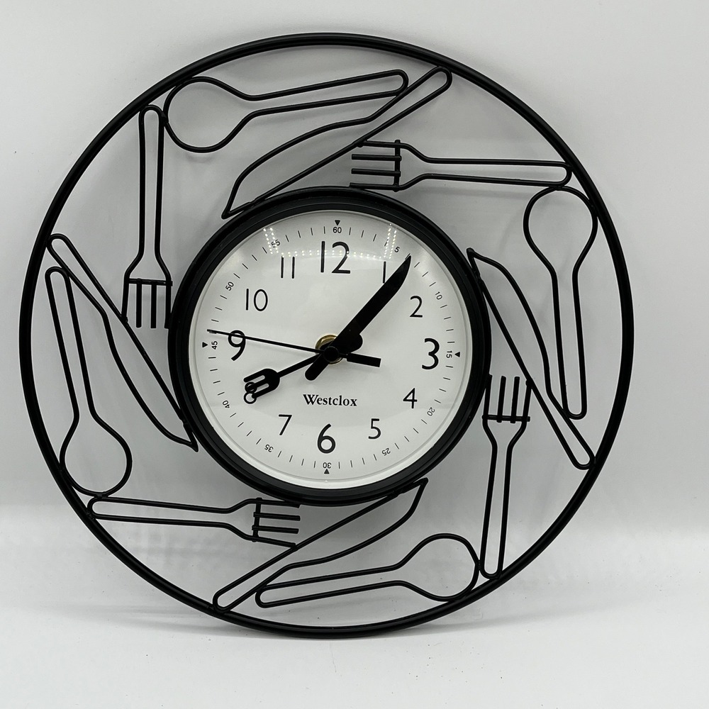 MCM Westclox Kitchen Wall Clock Black Metal Wire Utensil Fork Spoon Knife Retro